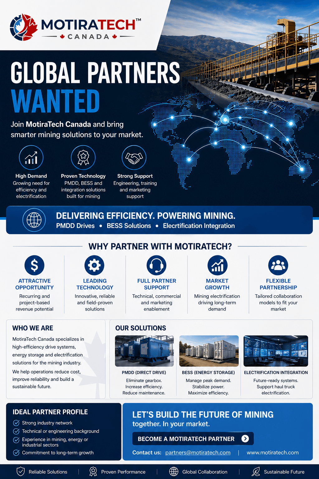 MotiraTech Canada infographic seeking global partners for smart mining solutions, energy storage, and electrification.