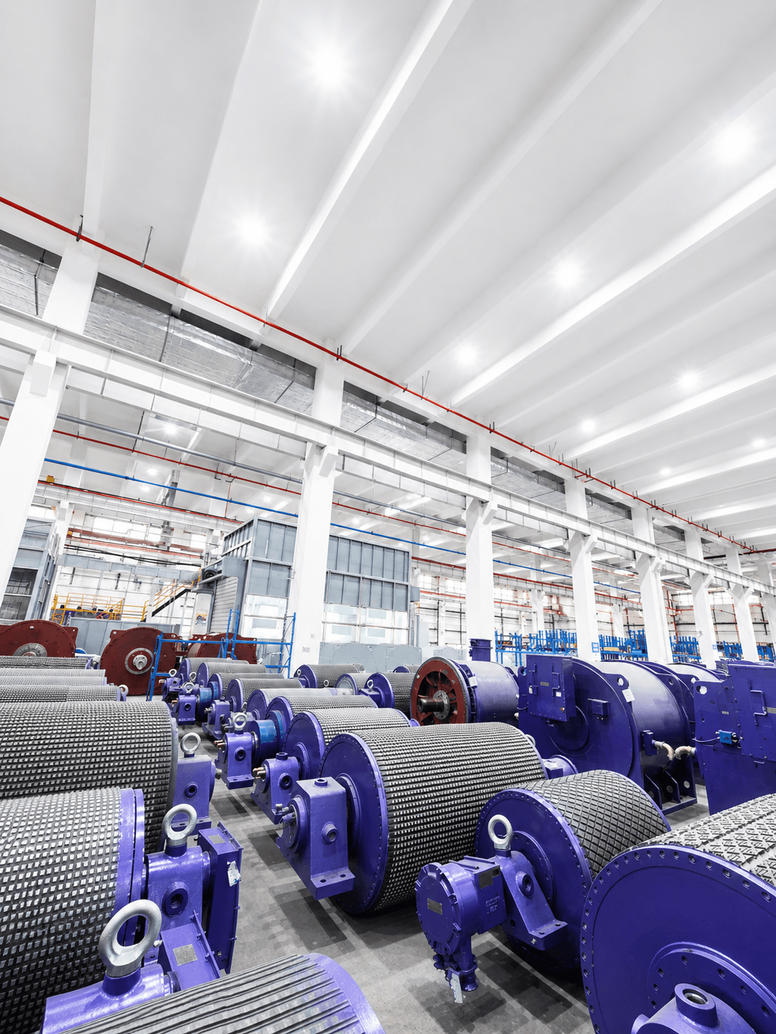 Rows of blue industrial machines with textured rollers in a bright, high-ceilinged factory warehouse.