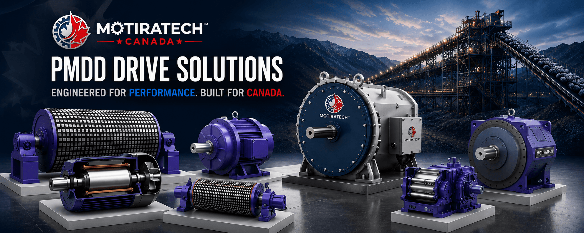 Motiratech Canada PMDD drive solutions and industrial motors displayed in a mountainous mining environment.